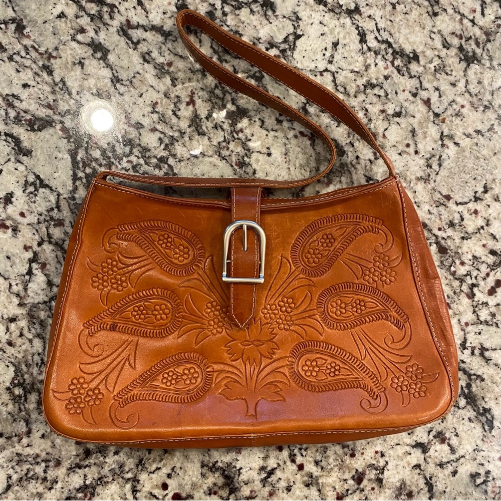 Vintage Leaders In Leather Floral Embossed Tan Leather Shoulder Bag
